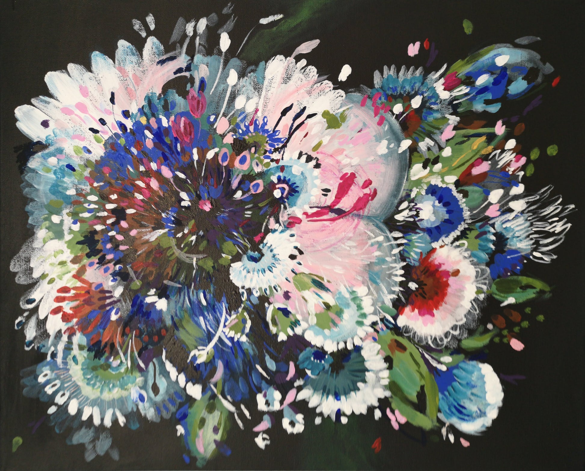 Enchanting Original Abstract painting inspired by flowers blooming. This painting is called Floral Night Garden 1 and is bright and colourful on a dark background to create contrast. By Judy Century Art on Canvas.