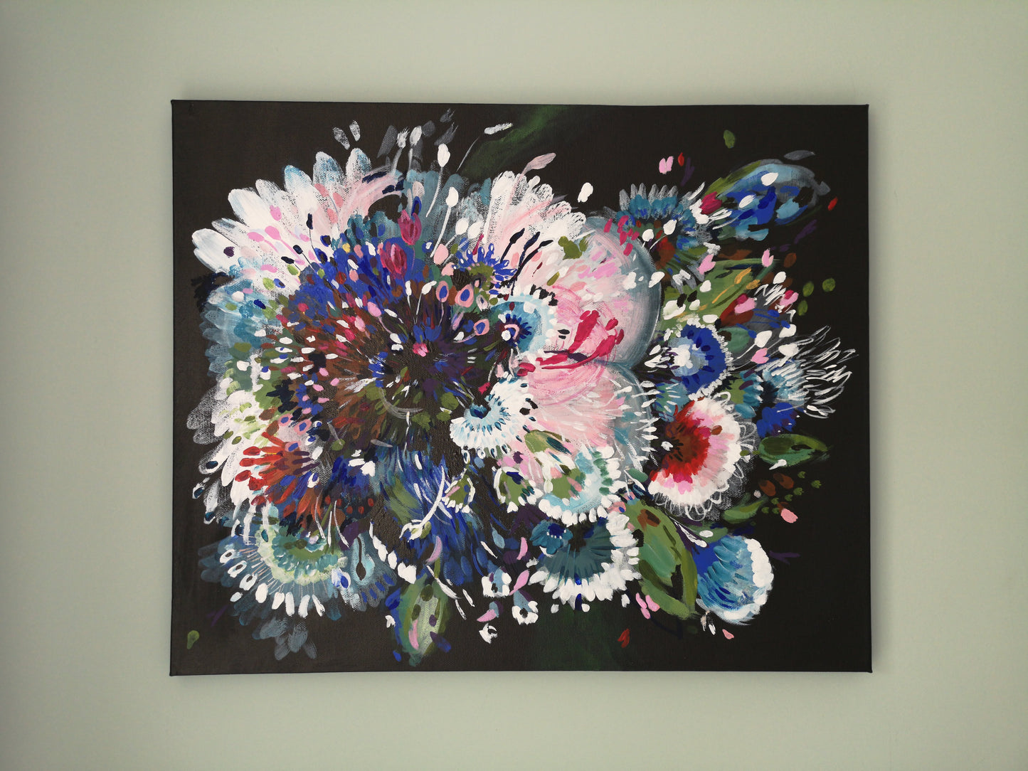 Enchanting Original Abstract painting inspired by flowers blooming. This painting is called Floral Night Garden 1 and is bright and colourful on a dark background to create contrast. By Judy Century Art on Canvas.