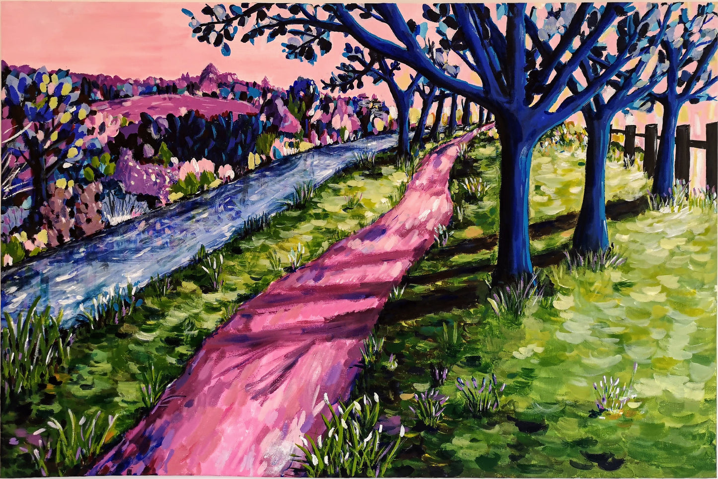 Colourful abstract landscape of an enchanting woodland scene with a shady path, trees, a river and colourful abstract bushes. Acrylic painting by Judy Century Art.