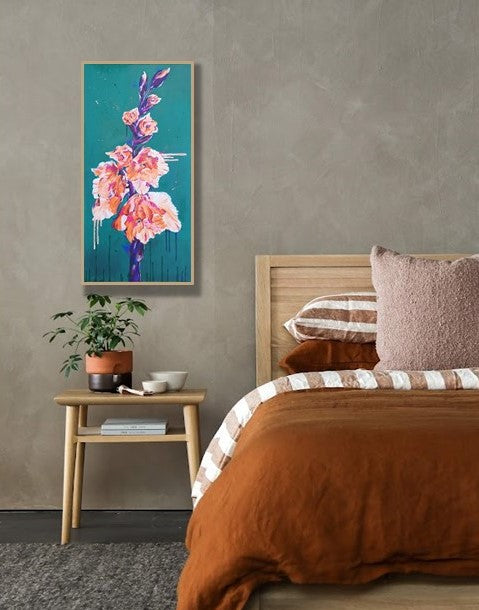 Interior Design Ideas. Wall art original canvas abstract floral painting by Judy Century in cosy bedroom setting.