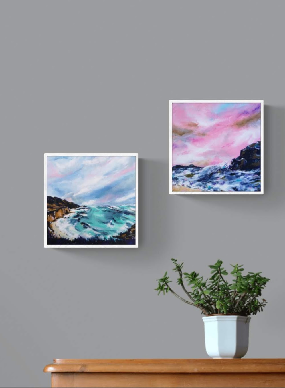 Original Seascape Painting, Dramatic Blue Sea, Pink Clouds & Sky, Framed hot Artwork, Square 32x32cm (12.5