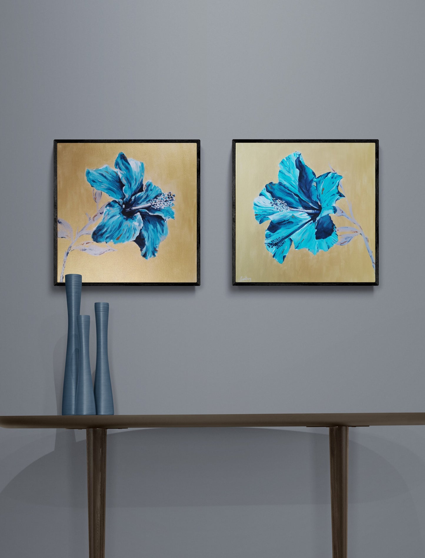 Pair of Original modern floral painting gold turquoise canvas wall art by Judy Century