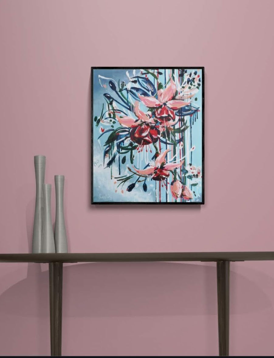 Abstract fuscia flower canvas wall art painting by Judy Century titled Paradise Falls, hanging on blush pink wall above wooden console table