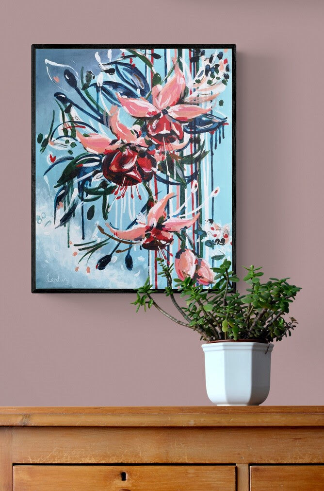 Home Decor Ideas. Abstract contemporary floral wall art canvas by Judy Century Art. Falling Fuscia flowers in pink and peach against a light blue background