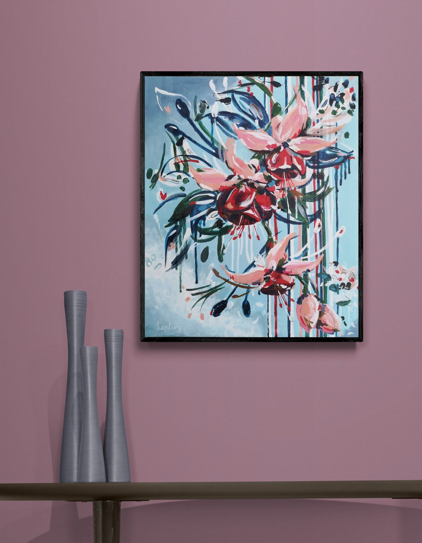 Abstract contemporary floral wall art canvas by Judy Century Art. Falling Fuscia flowers in pink and peach against a light blue background