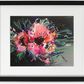 Art Print of Abstract Flower Painting featuring two large bold pink blooms bursting on the page, with contrasting lines of blue, green and white extending out to add movement. Vibrant, bold and colourful original painting by Judy Century. Framed in black frame with white mount.