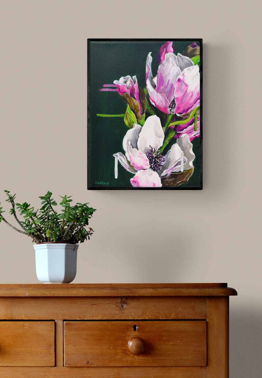 Modern botanical small canvas painting magnolia tree by Judy Century shown hallway with wooden chest drawers and plant
