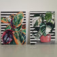 Pair of themed plant paintings on black and white striped backgrounds shown together. A4 acrylic on canvas