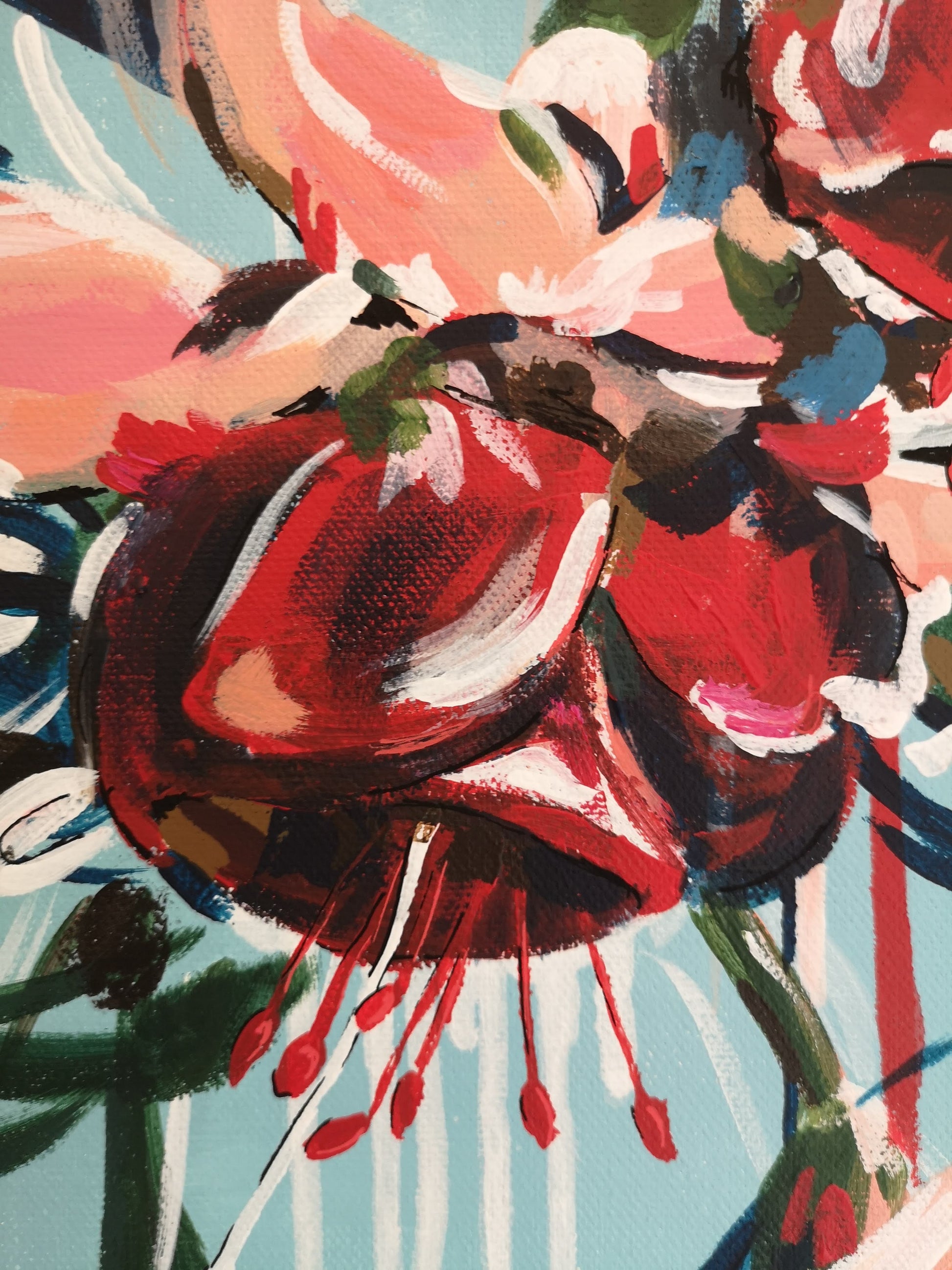 close up details of abstract floral artwork by Judy Century. Details of an expressive fuscia flower in reds, peach pinks and brown