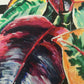 Plant painting of rubber fig. Close up of the leaves and stripy background details. Artwork by Judy Century.