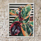 Original Plant painting Rubber Fig realistic acrylic painting on black and white striped pattern background A4 size with white frame hanging on brick wall. Artwork by Judy Century.