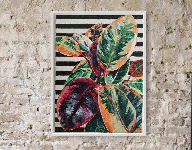 Original Plant painting Rubber Fig realistic acrylic painting on black and white striped pattern background A4 size with white frame hanging on brick wall. Artwork by Judy Century.