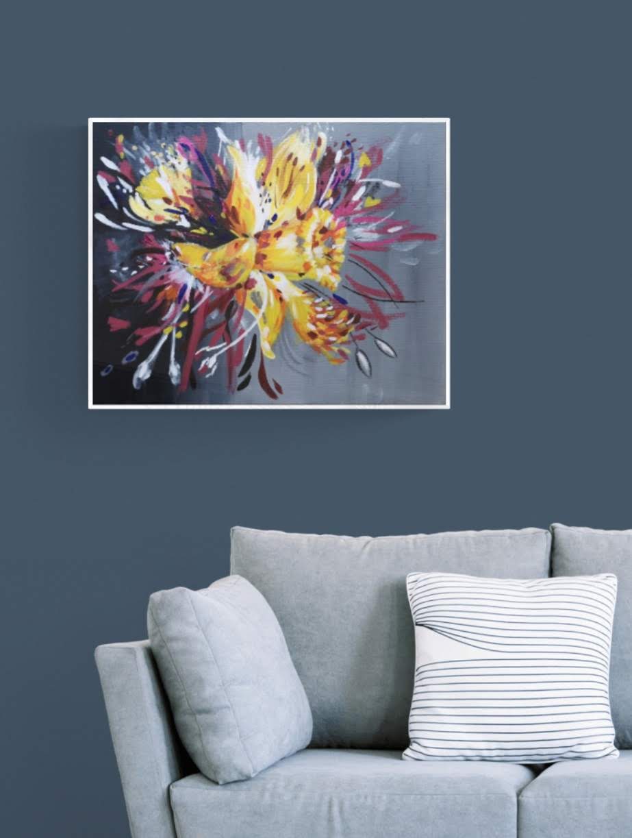 Daffodil, Flower painting, acrylic art print, canvas artwork, abstract floral, yellow, pink, maroon, blue, black, grey, judy century art, canvas, original painting, white frame, interior design, spring blooms