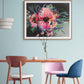 Art Print of Abstract Flower Painting on canvas, hanging on pale blue wall above dining table, by Judy Century.