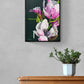 Home decor interiors , Modern botanical small canvas painting magnolia tree by Judy Century above wooden chest of drawers