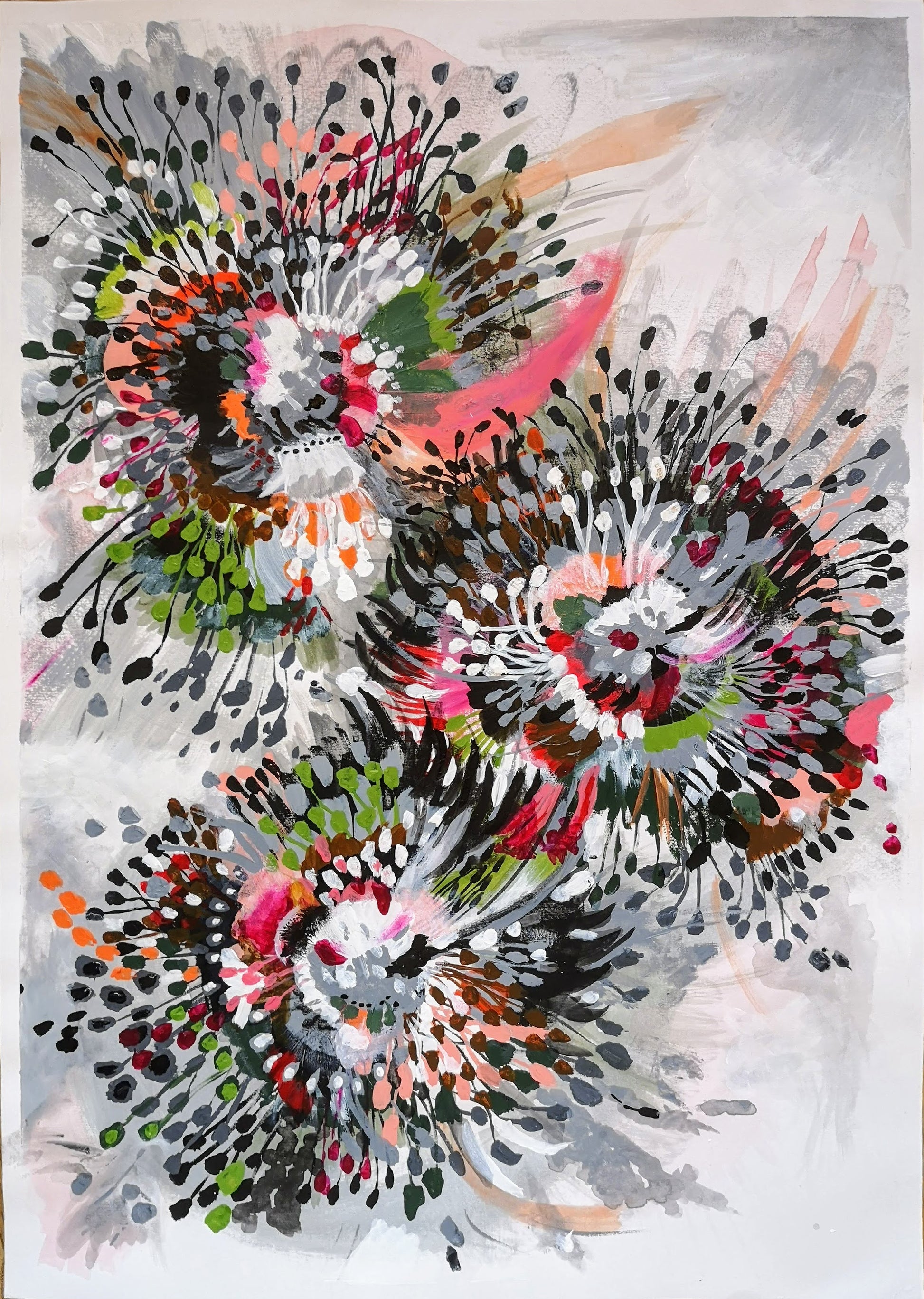 Original Acrylic painting on paper by Judy Century Art. Inspired by flowers, this painting is full of movement and energy, called spokes and spikes. Featuring grey, green, pink, black, brown, peach and white.