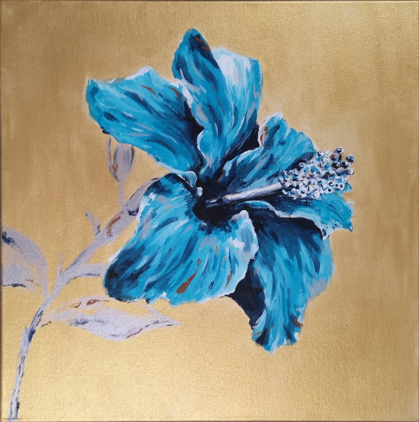 Contemporary original gold and turquoise blue painting of hibiscus flower by Judy Century Art