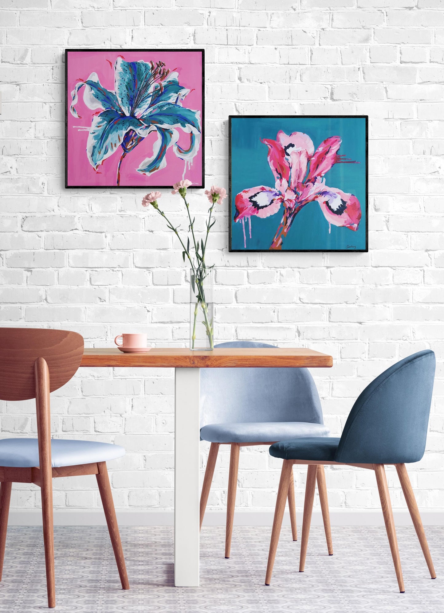 Pair of contemporary flower paintings on canvas by Judy Century, hanging in a dining room with white brick walls