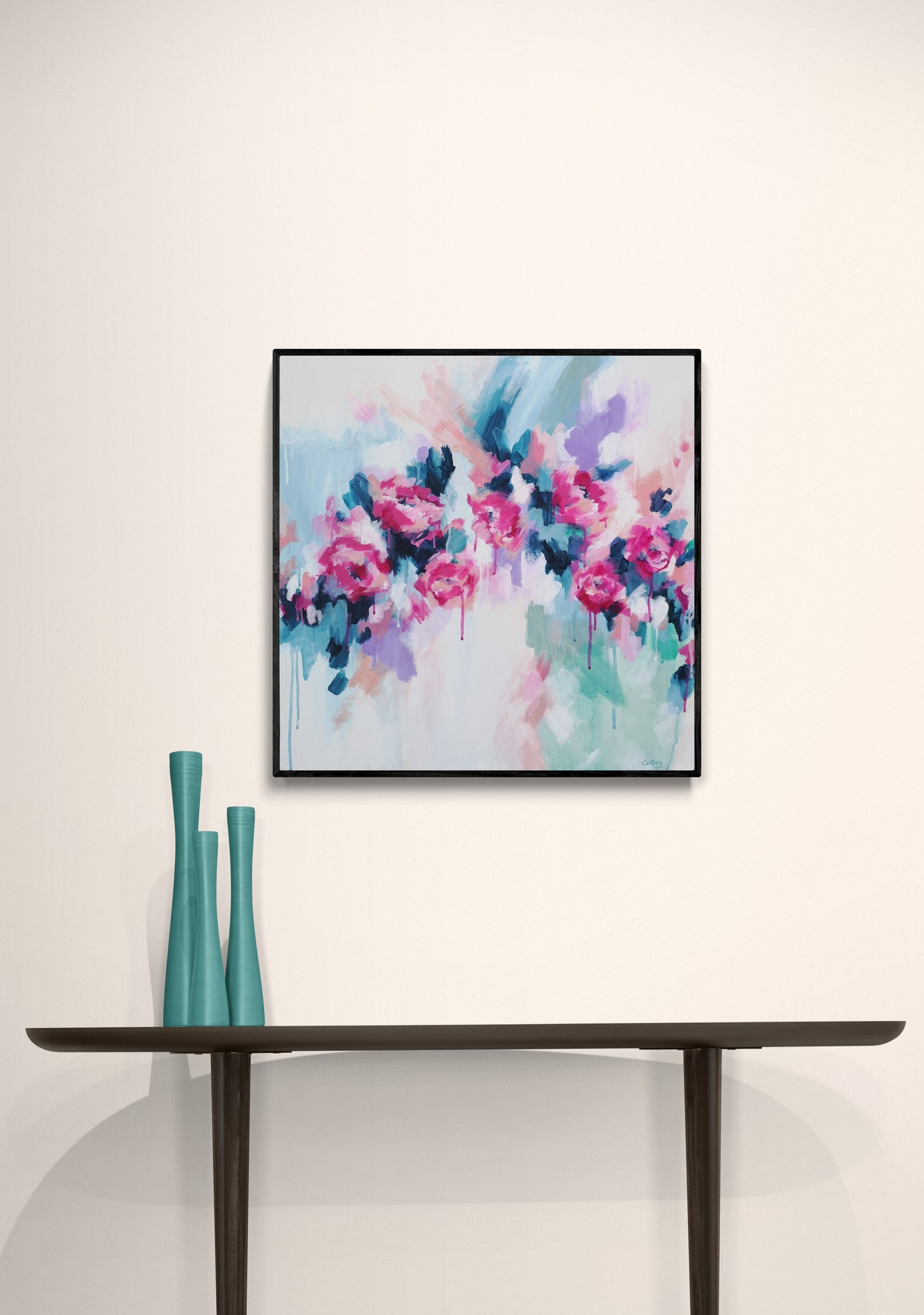 interior design, modern console table with ceramic vases decorated with art - Contemporary original abstract floral painting by Judy Century 'Fancy Free' 61x61cm