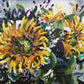 Expressive Sunflower painting on paper by Judy Century Art. Yellow, green, turquoise and purple wall art.
