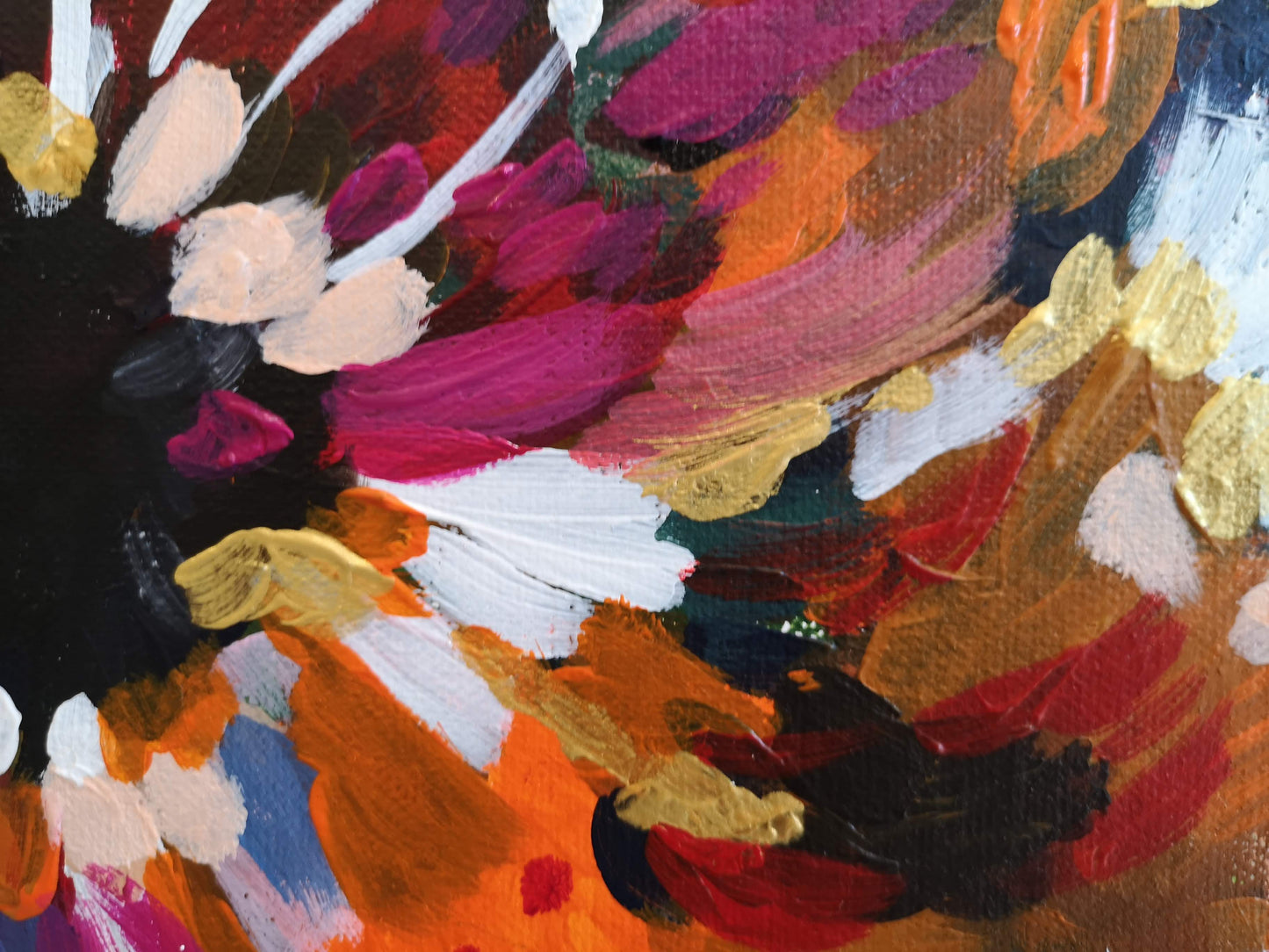 Close up of original abstract painting 'Tropical Garden' by Judy Century. Expressive magenta, orange, brown, gold, red, white and black brushstrokes.