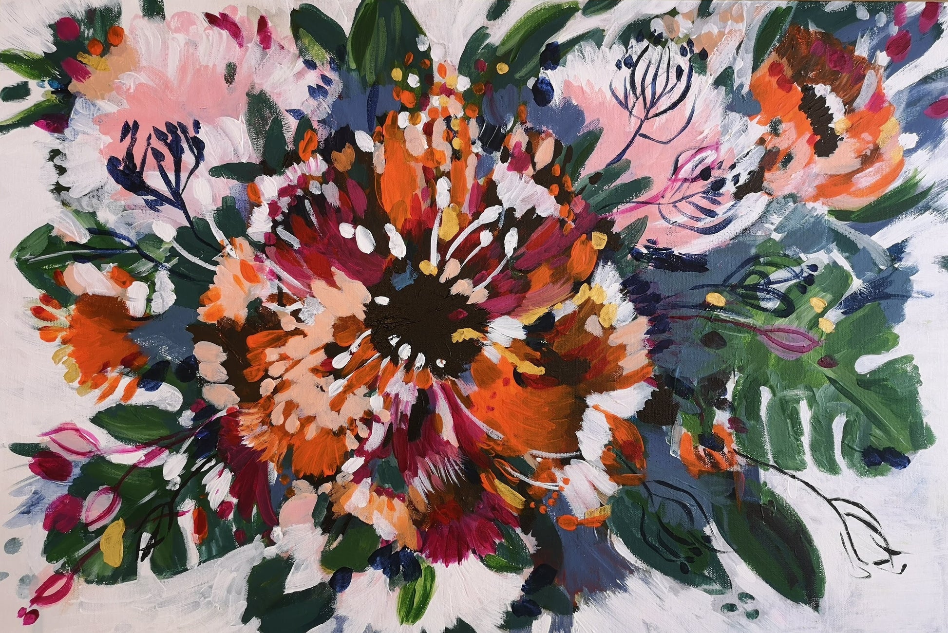 Abstract original acrylic painting by Judy Century art. 'Tropical garden' features cheese plants, bright orange, magenta and gold flowers and floral inspired shapes.
