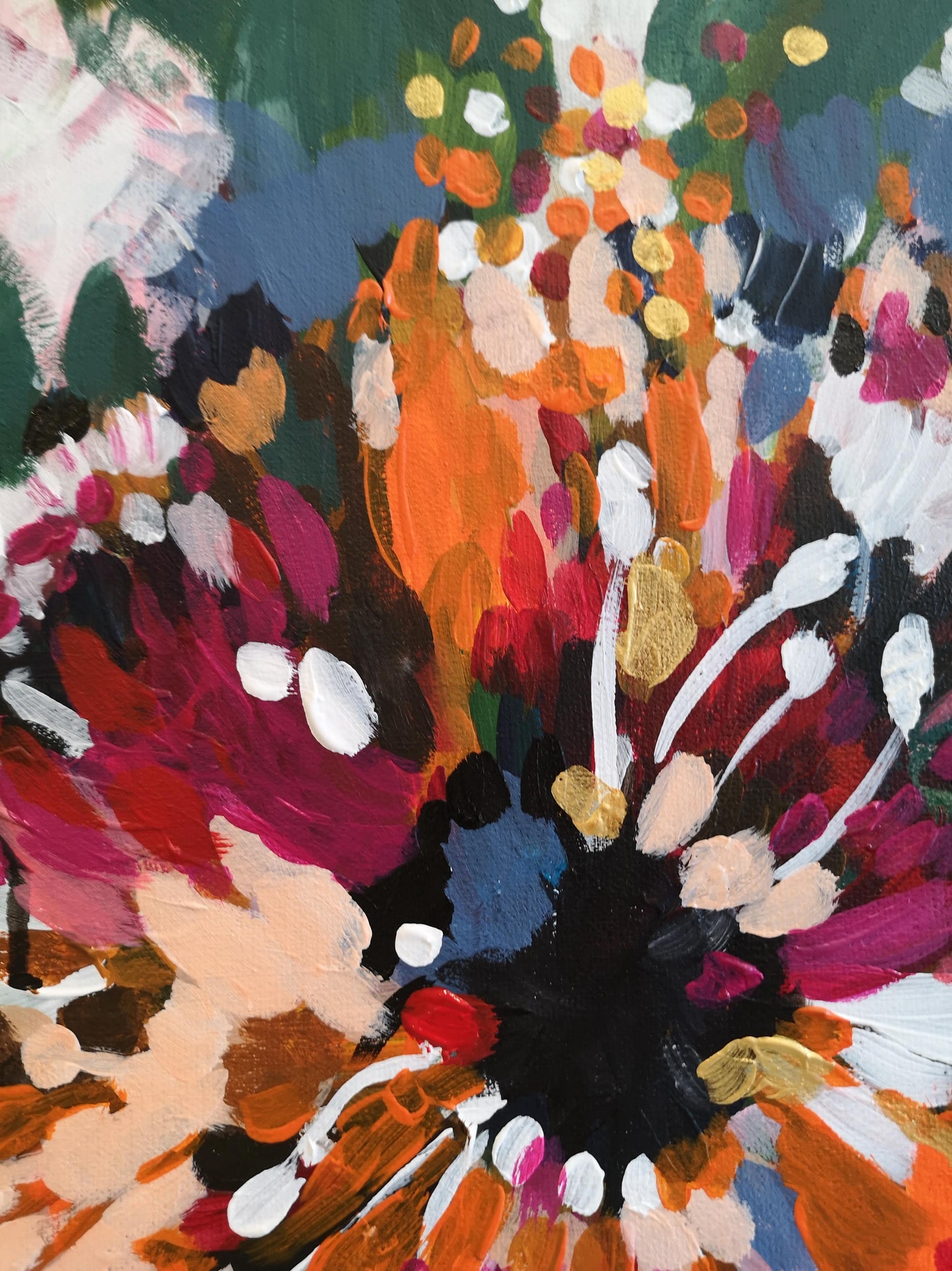 Close up of original abstract painting 'Tropical Garden' by Judy Century. Expressive magenta, orange, brown, gold, red, green, white and black brushstrokes.