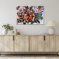 Abstract original acrylic painting by Judy Century art. 'Tropical Garden' features cheese plants, bright orange, magenta and gold flowers and floral inspired shapes. Hanging above a pale wooden sideboard with white lamp and plant