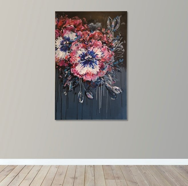 Contemporary Abstract Floral Pansy painting on dark background by Judy Century Art hanging on grey wall above wooden floor