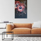 Contemporary Abstract Floral Pansy painting on dark background by Judy Century Art hanging above a tan leather couch