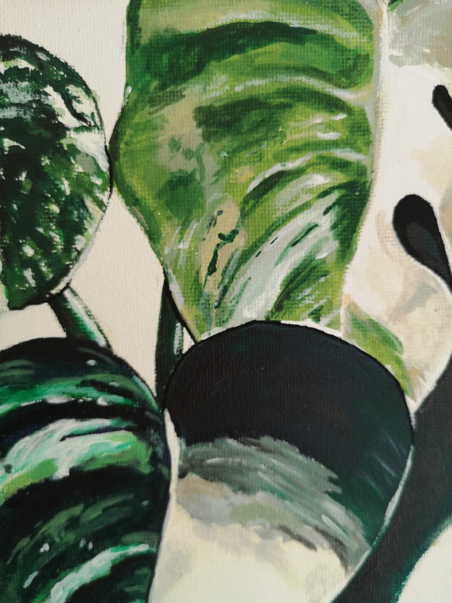 Detailed close up of Monstera plant cheese plant painting by Judy Century showing green patterned leaves