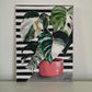 Plant painting, variegated Monstera cheese plant acrylic painting on A4 canvas with bold black and white striped pattern background