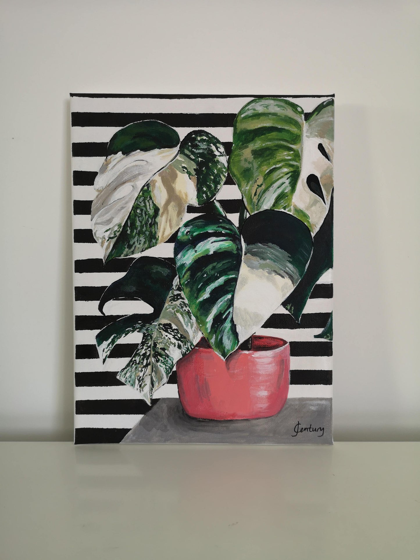 Plant painting, variegated Monstera cheese plant acrylic painting on A4 canvas with bold black and white striped pattern background