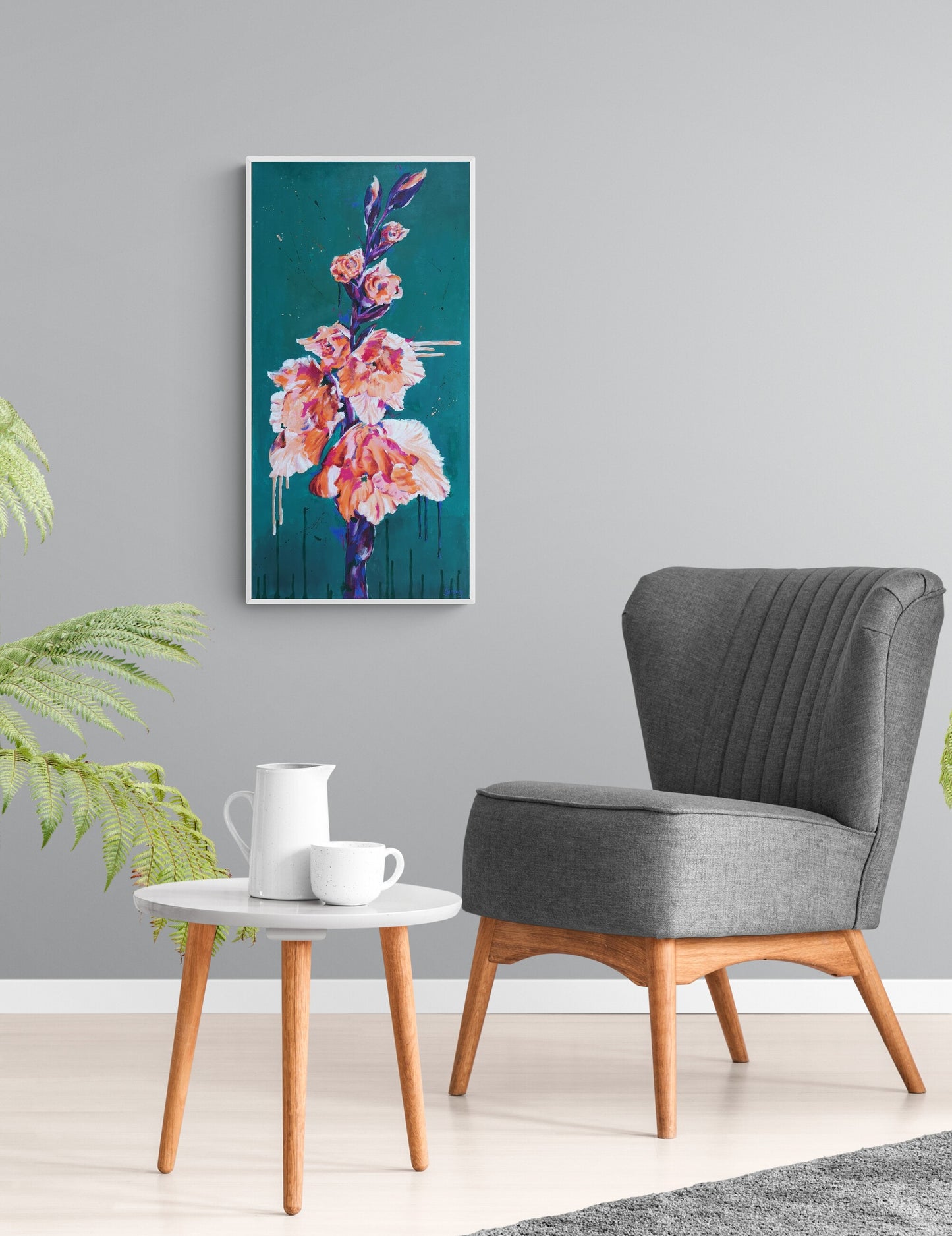 Home decor styling. Wall art on grey wall. Original modern floral gladioli painting by Judy Century Art.