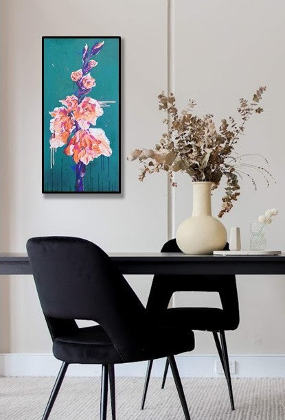 Home decor ideas. Original modern floral gladioli painting by Judy Century Art.