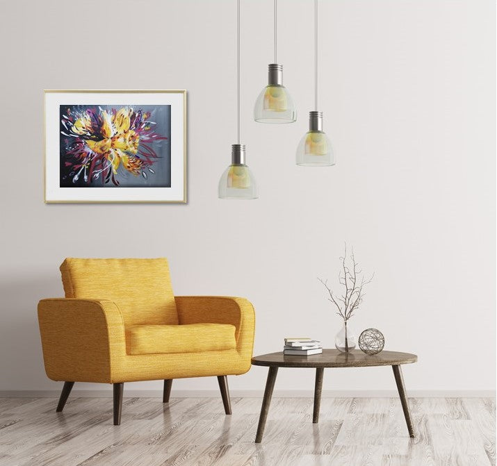 Daffodil, Flower painting, acrylic canvas artwork, abstract floral, yellow, pink, maroon, blue, black, grey, judy century art, canvas, original painting, gold frame, in situ above yellow armchair with hanging pendant lights and wooden coffee table, interior design, spring blooms