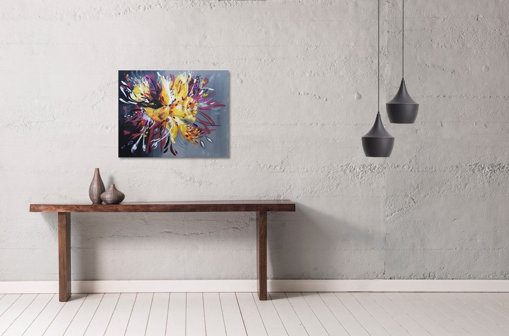 Daffodil, Flower painting, acrylic canvas artwork, abstract floral, yellow, pink, maroon, blue, black, grey, judy century art, canvas, original painting, in situ against concrete wall, above wooden console table with vases and hanging pendant lights, interior design, spring blooms